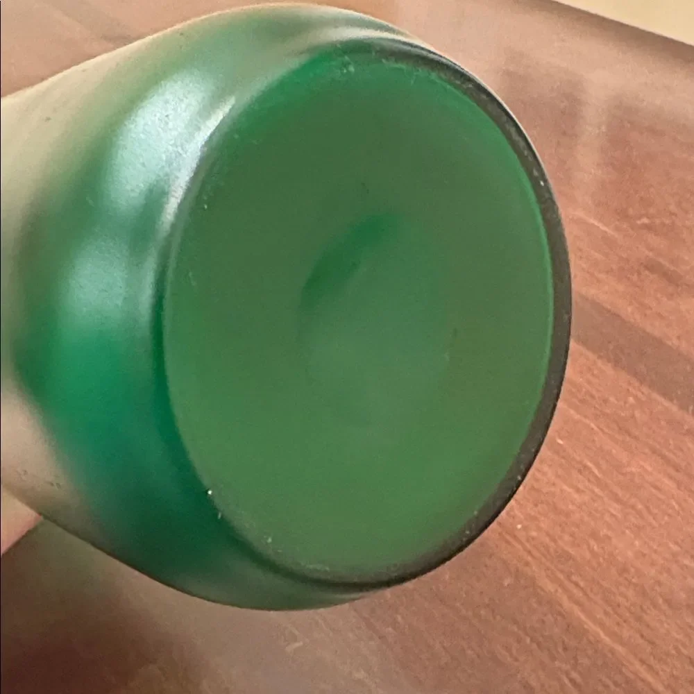 Vintage Green Ruffled Satin Glass Vase 10.5” Hand Enameled